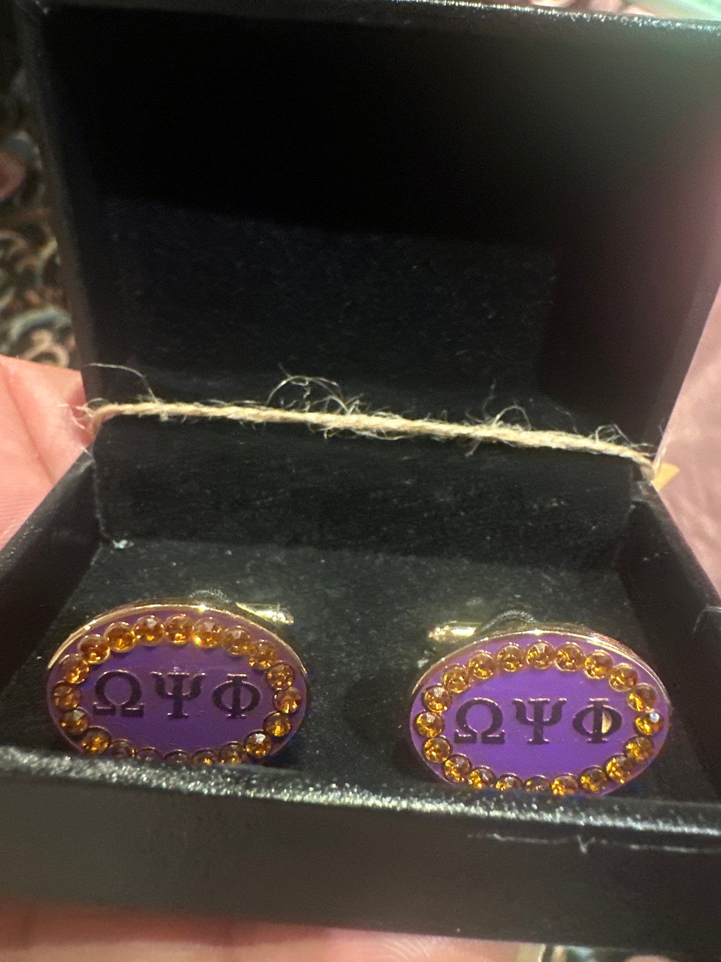 Omega Psi Phi Gold Austrian Crystal Cufflinks In Leatherette Box