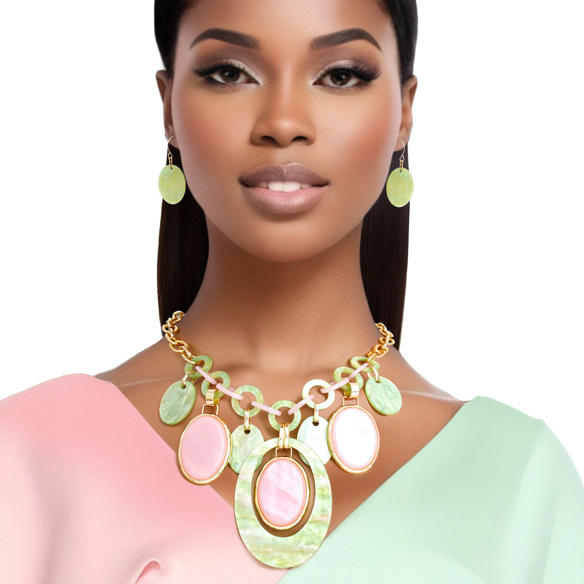AKA Necklace Pink Green Alpha Kappa Alpha Oval Swirl Set for Women