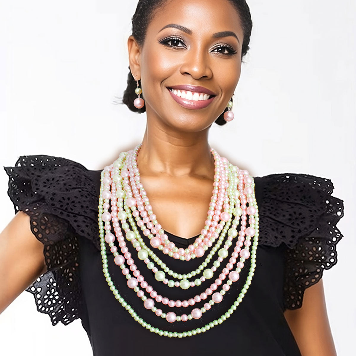 AKA Pink and Green Pearls 8 Strand Alpha Kappa Alpha Necklace Set