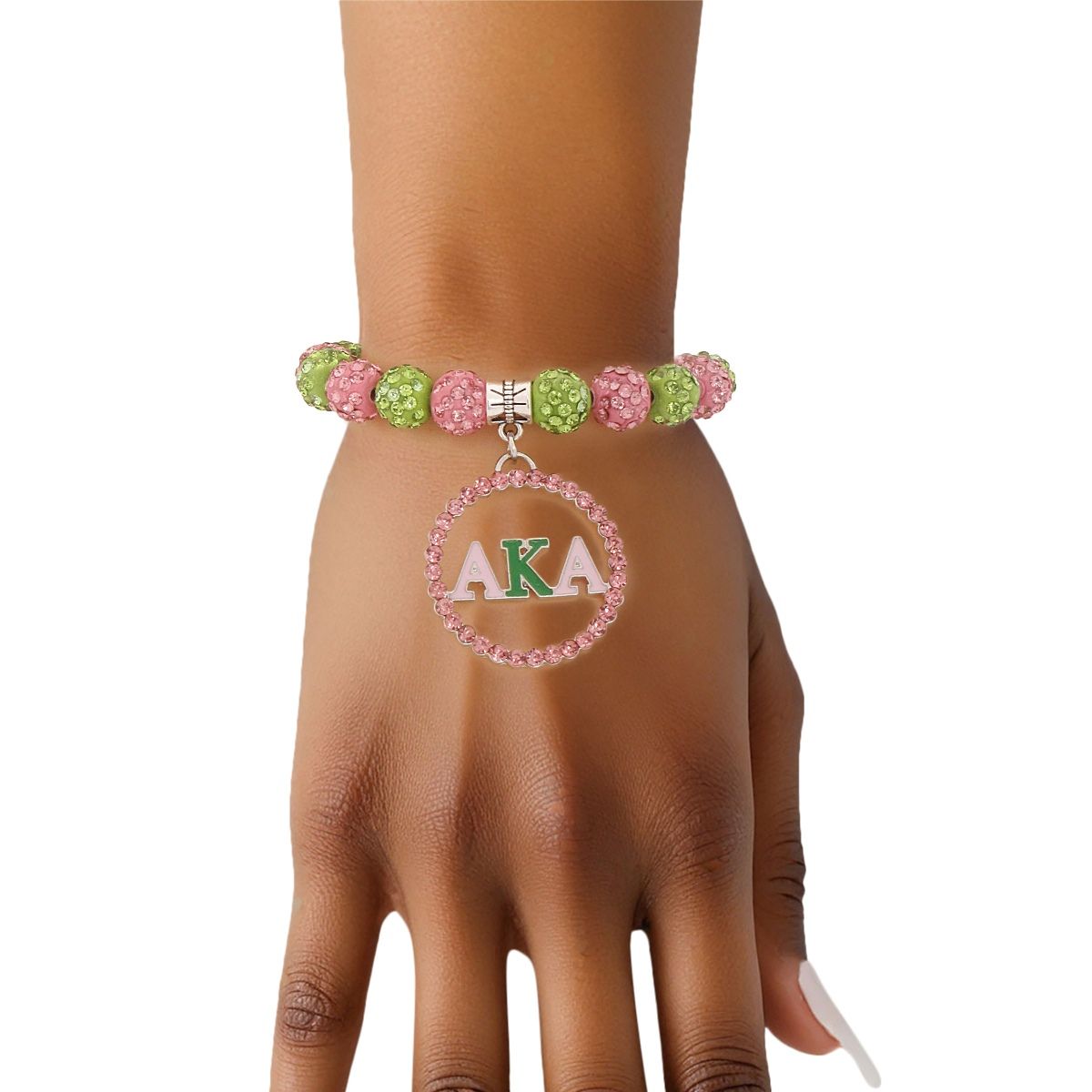 AKA Alpha Kappa Alpha Inspired Pink Green Round Charm Luster Bracelet