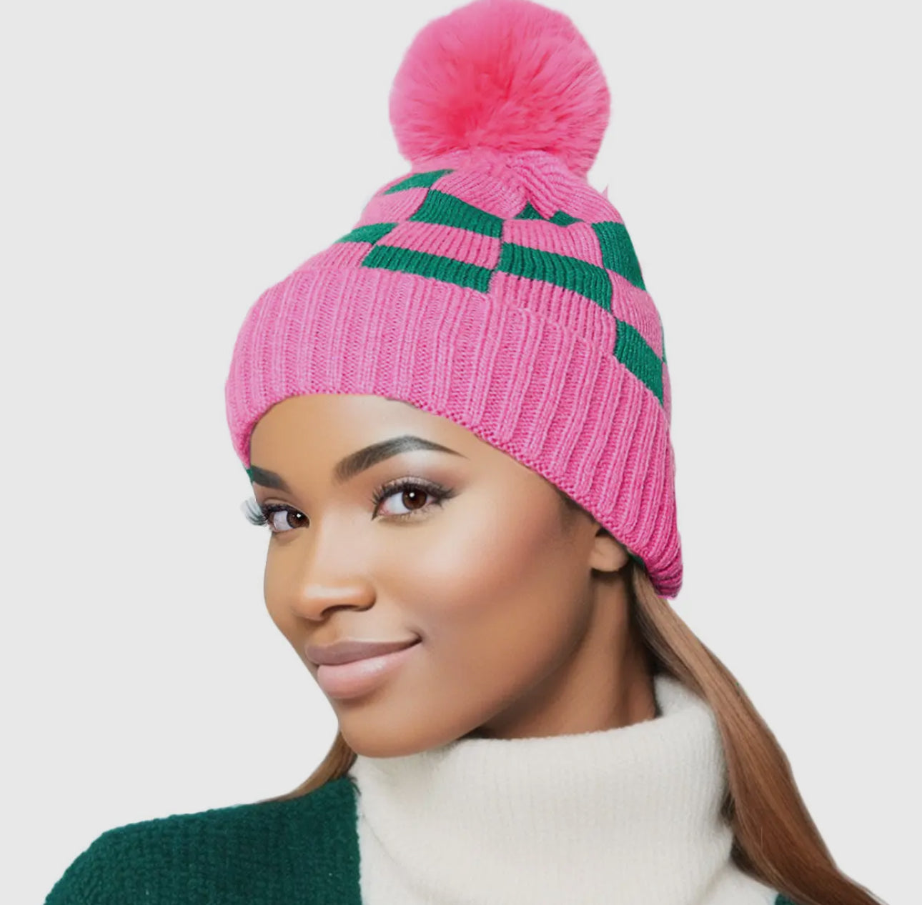 AKA Beanie Hat Alpha Kappa Alpha Sorority Inspired Beanie Hat Checkered Pom Hat for Women