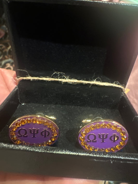 Omega Psi Phi Gold Austrian Crystal Cufflinks In Leatherette Box