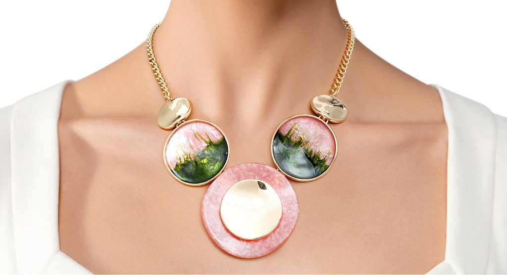 AKA Inspired Collar Necklace Pink Green Gradient Gold Disc Necklace
