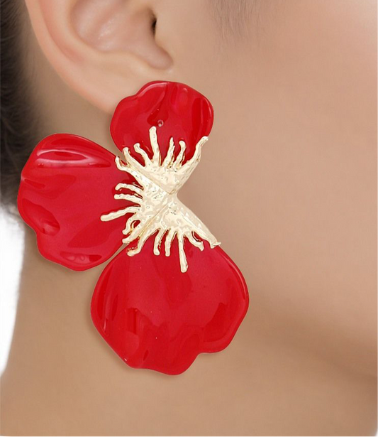 DST inspired Studs Earrings Red Tropical Bloom Triple Petal Earrings