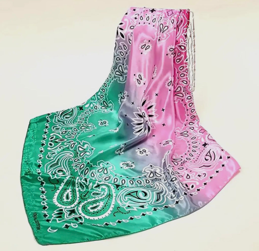 AKA Inspired Paisley Scarf Shawl Silky Satin Pink & Green Scarf