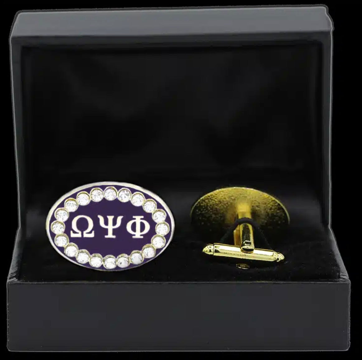 Omega Psi Phi Clear Austrian Crystal Cufflinks In Leatherette Box
