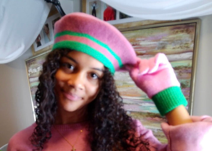 AKA Inspired Knit Beret Hat Pink & Green Hat