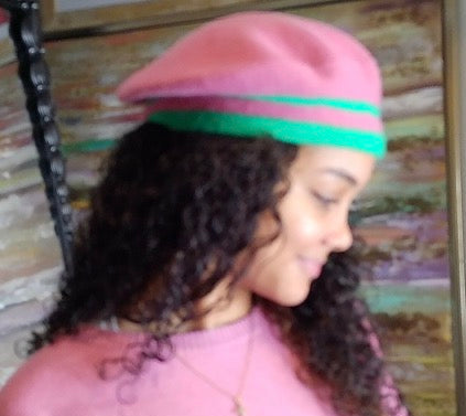 AKA Inspired Knit Beret Hat Pink & Green Hat