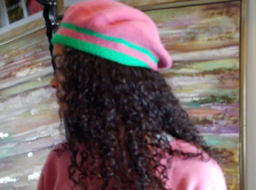 AKA Inspired Knit Beret Hat Pink & Green Hat