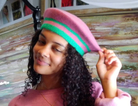 AKA Inspired Knit Beret Hat Pink & Green Hat
