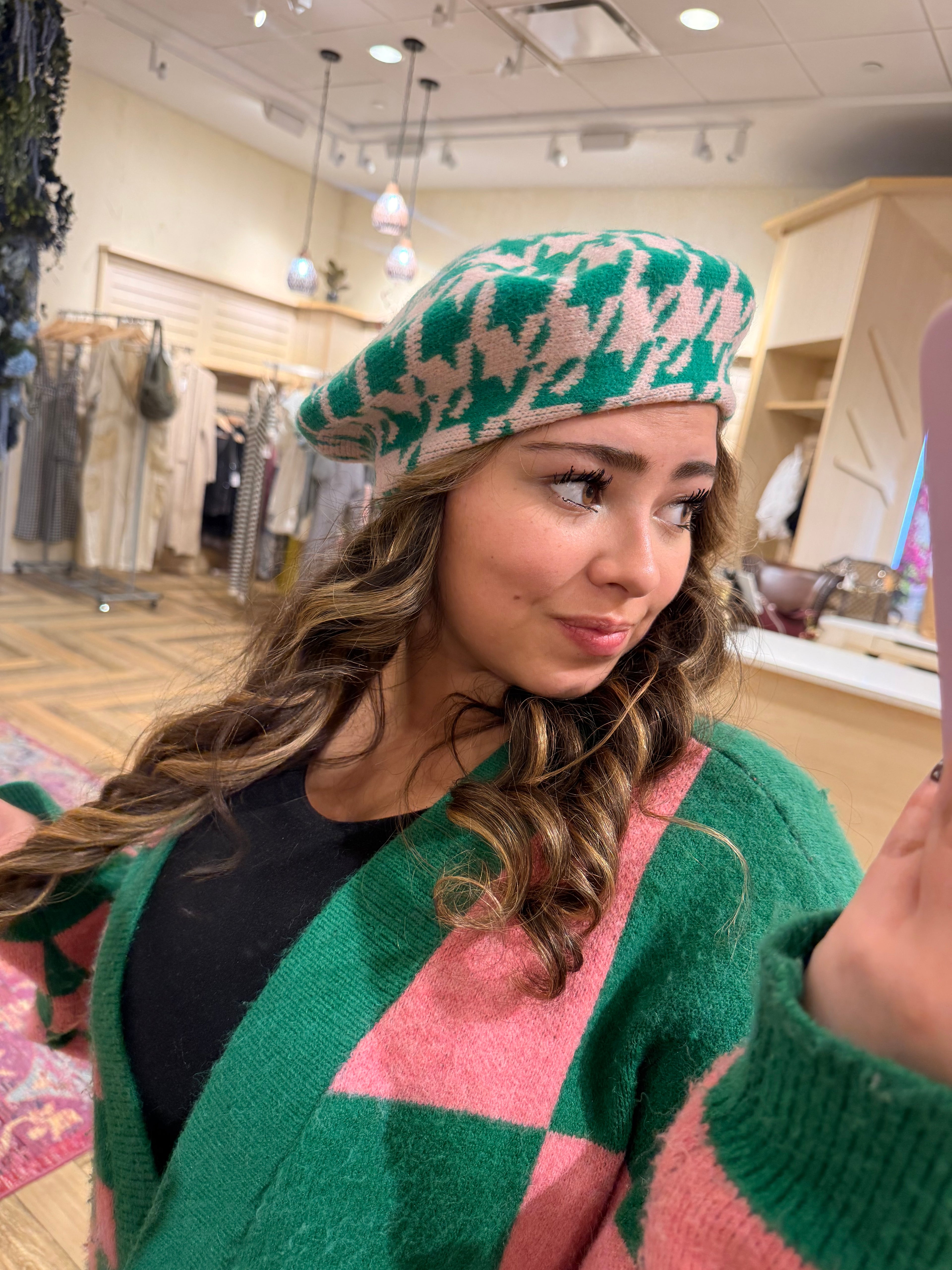 AKA Inspired Hat Houndstooth Knit Pink and Green Beret Hat
