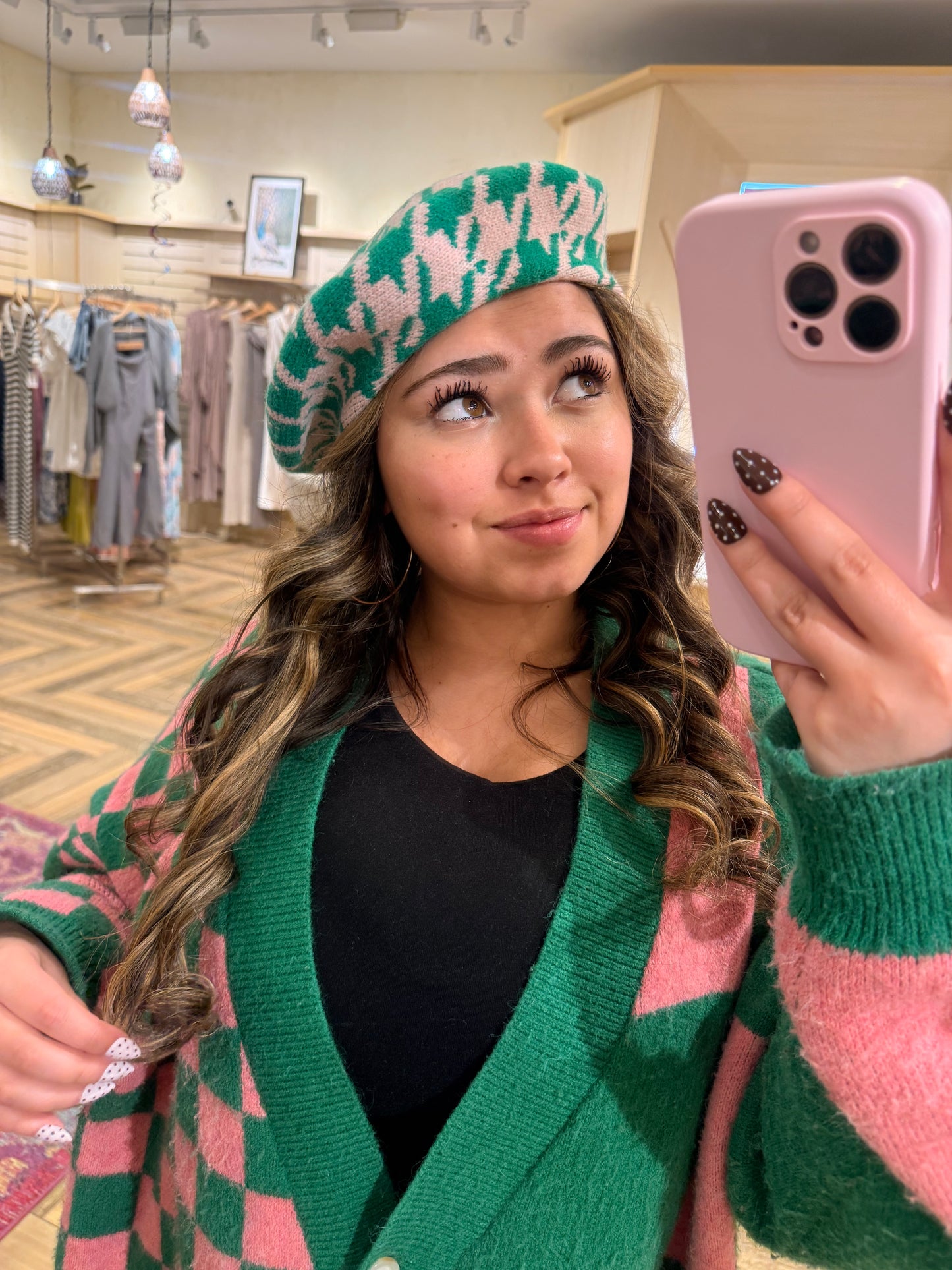 AKA Inspired Hat Houndstooth Knit Pink and Green Beret Hat