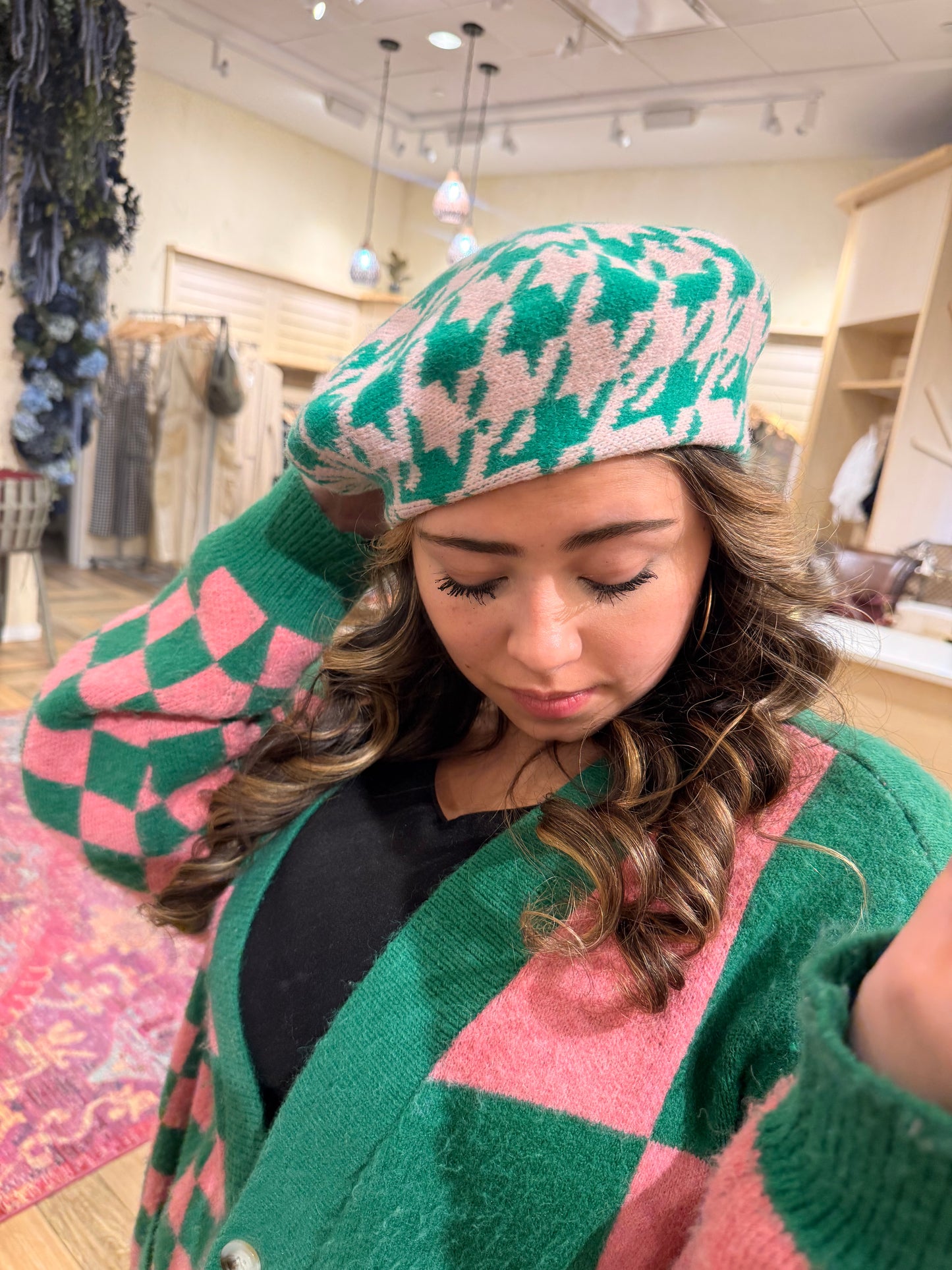AKA Inspired Hat Houndstooth Knit Pink and Green Beret Hat