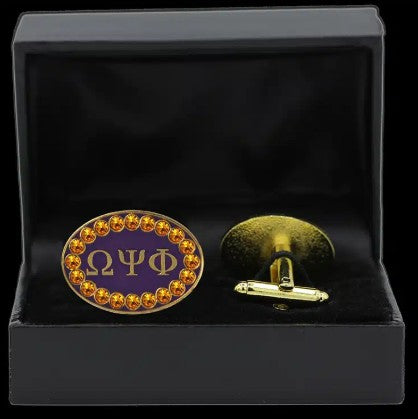 Omega Psi Phi Gold Austrian Crystal Cufflinks In Leatherette Box