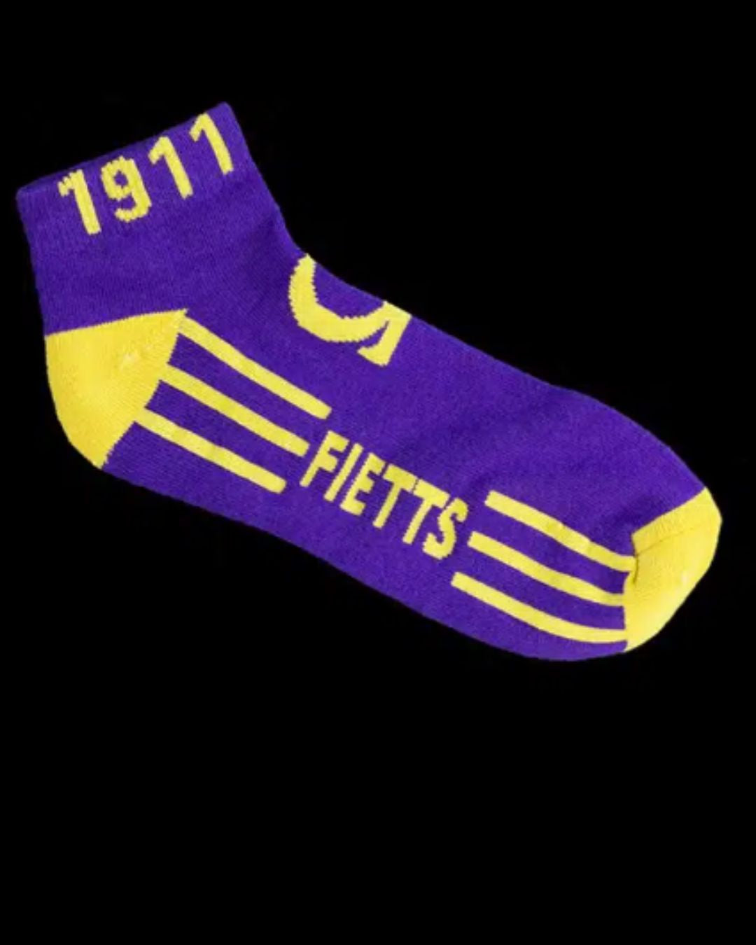 Omega Psi Phi Socks Ankle Purple and yellow sock with '1911' and 'Fietts' text 