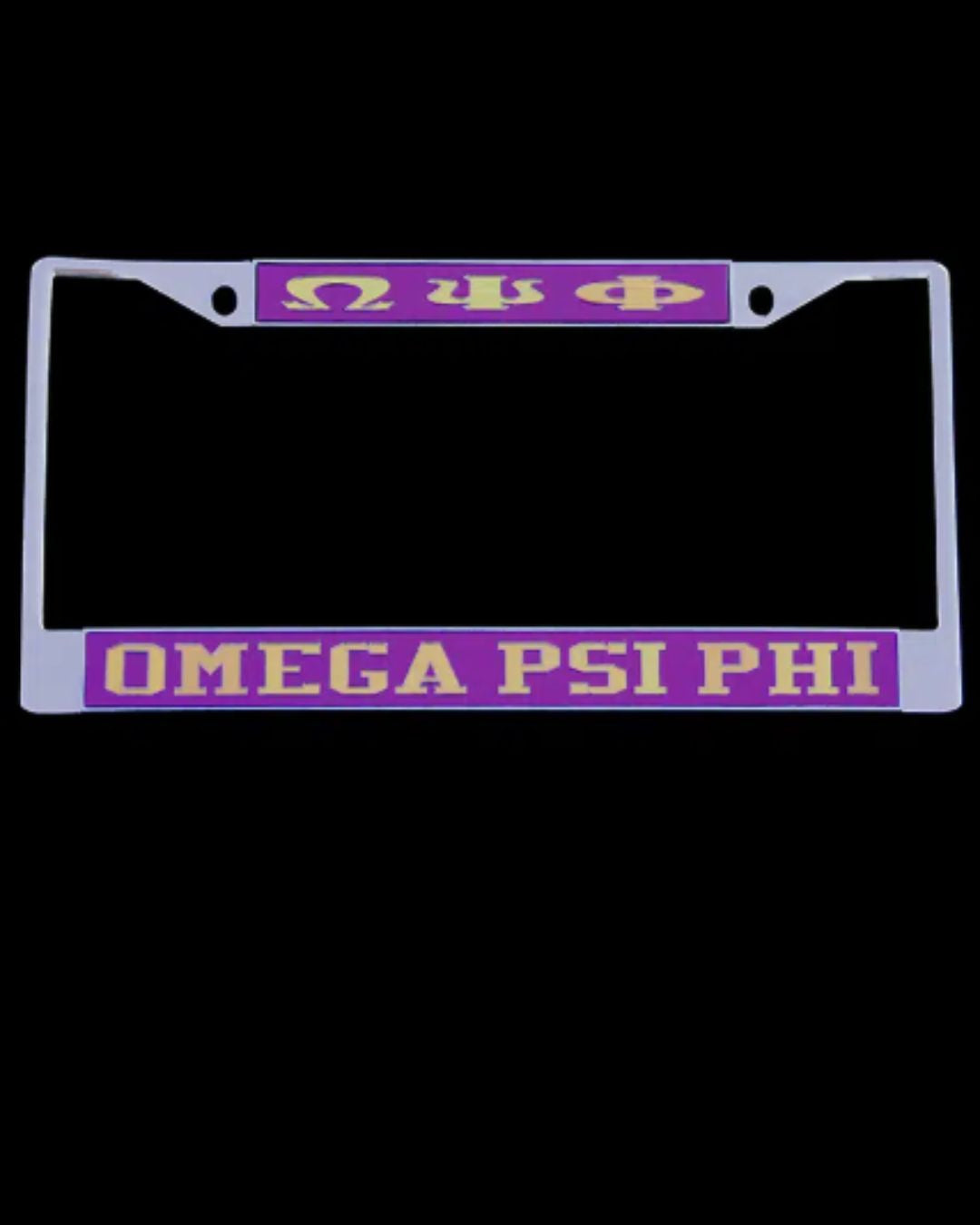Omega Psi Phi license plate frame with purple and gold letters