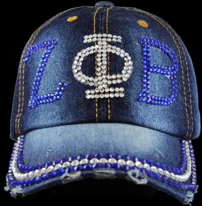 ZPB Inspired Denim Rhinestone Distressed Hat Zeta Phi Beta Cap
