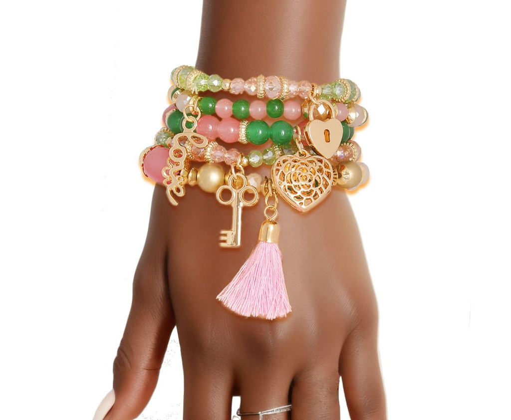 Pink & Green Glass Love AKA Bracelets|Stretch to Fit