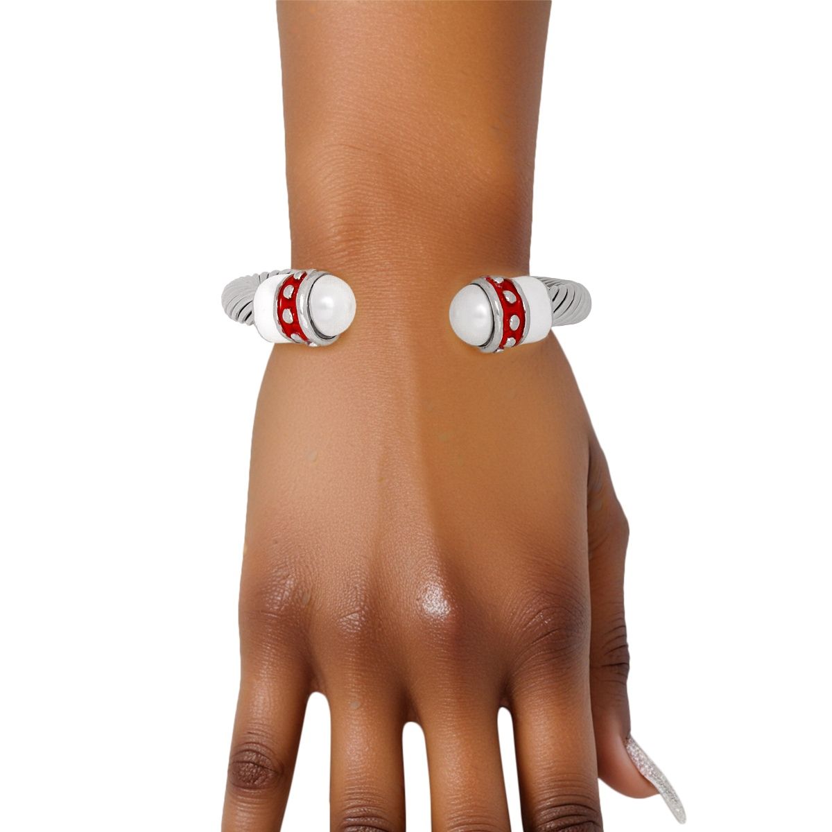 DST Inspired Bracelet Red White Thick Cable Classic Silver Bangle