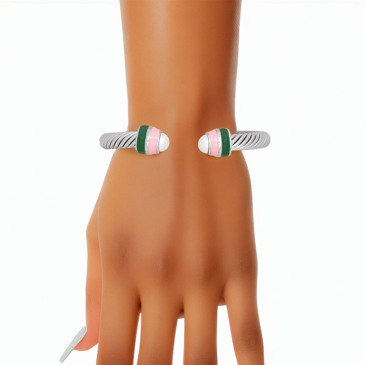 AKA Alpha Kappa Alpha Sorority Inspired Pink Green Pearl Cable Classic Bangle