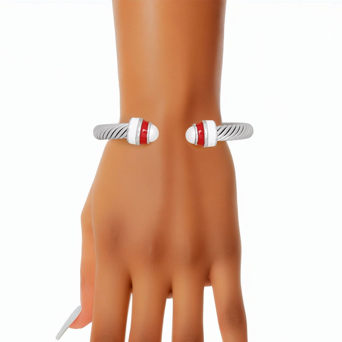 DST Delta Sigma Theta Sorority Inspired Red White Pearl Cable Classic Bangle