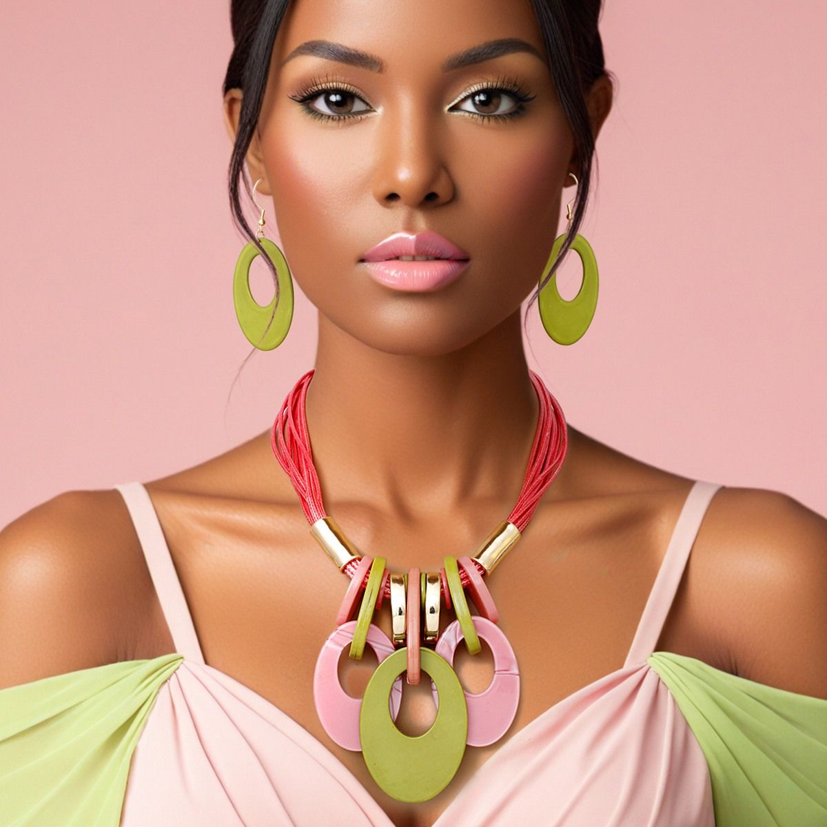 AKA Alpha Kappa Alpha Inspired Pink Cord Oval Disc Pendant Necklace Set