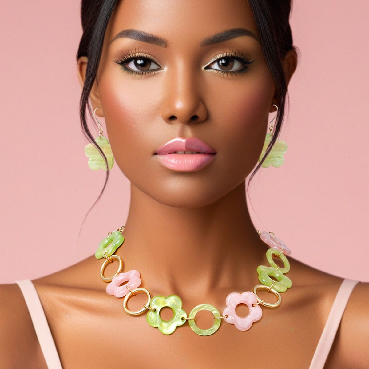 AKA Alpha Kappa Alpha Inspired Pink Green Marbled Flower Linked Necklace