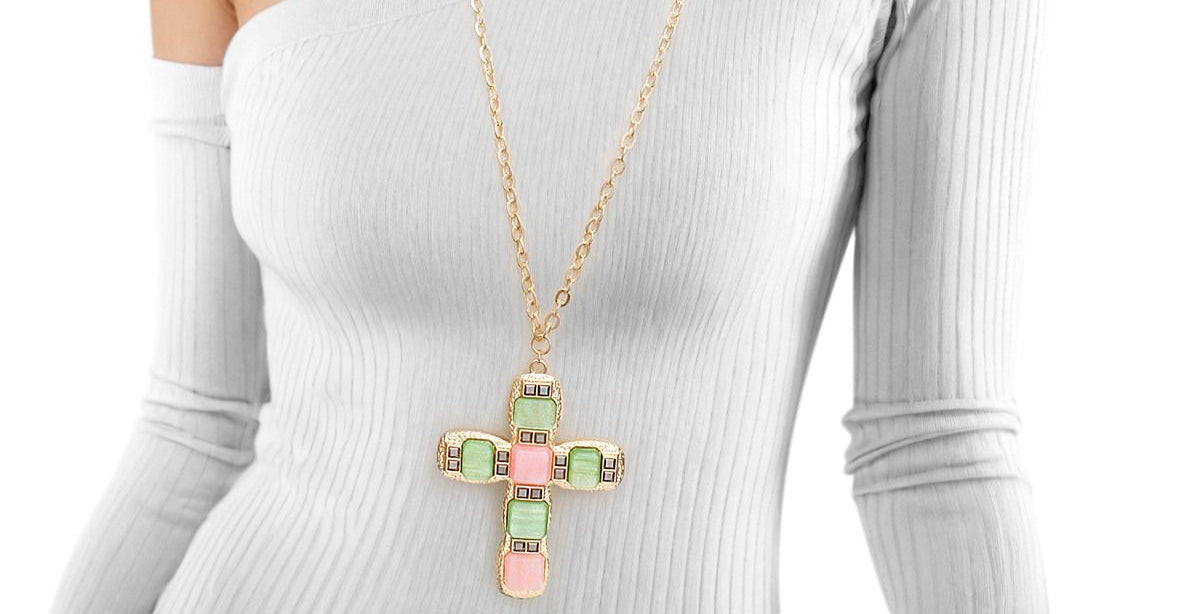 AKA Pendant Pink Green Cross Gold Chain Necklace