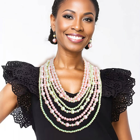 AKA Pink and Green Pearls 8 Strand Alpha Kappa Alpha Necklace Set