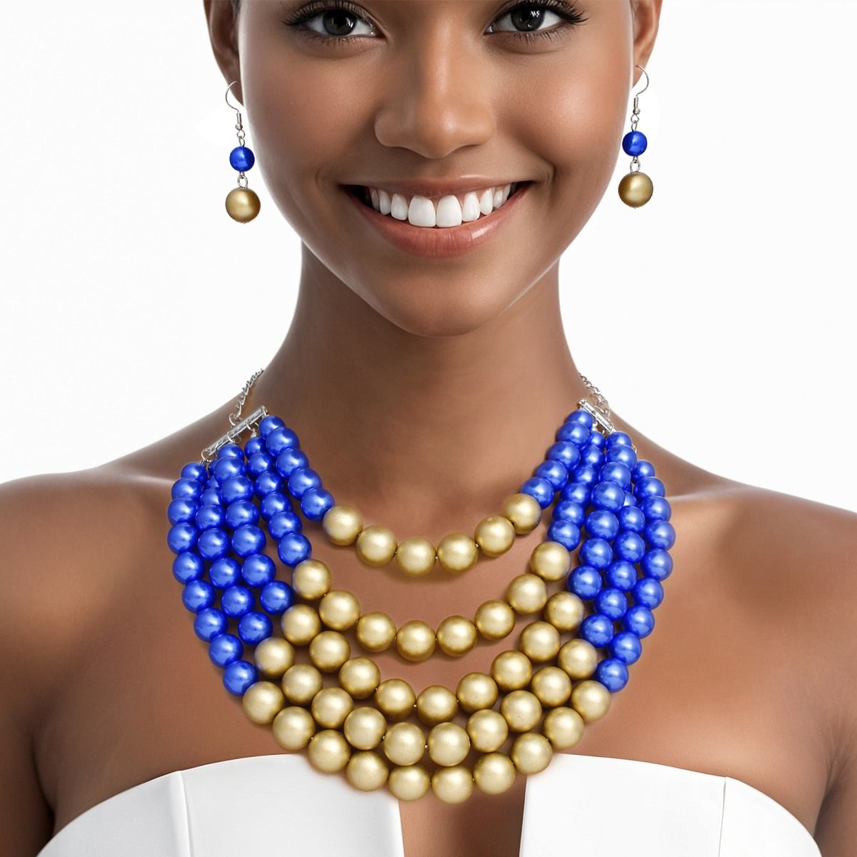 SGRHO Sigma Gamma Rho Inspired Necklace Blue Matte Gold 5 Row Pearl Set Women