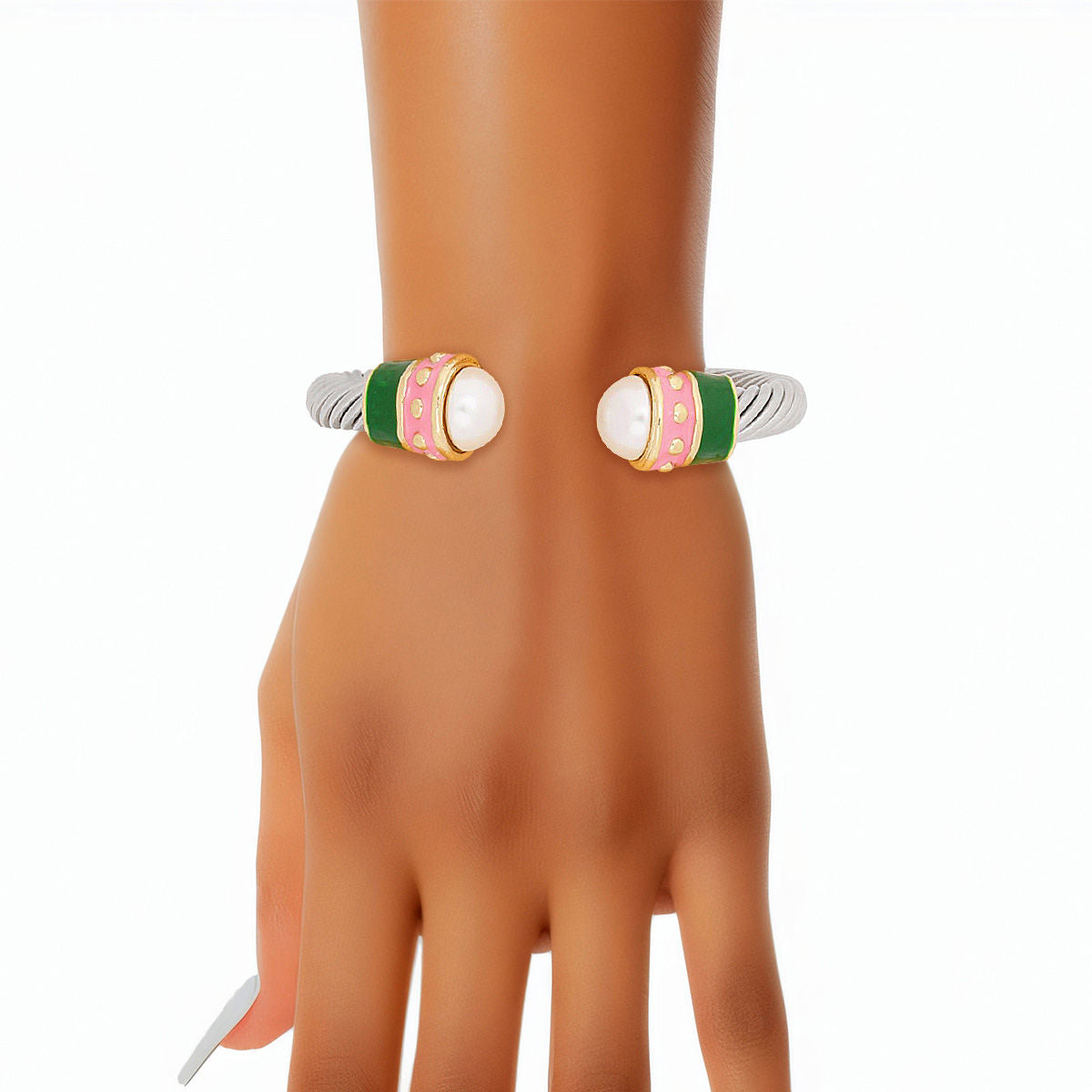 AKA Alpha Kappa Alpha Bracelet Pink Green Thick Cable Classic Silver Bangle
