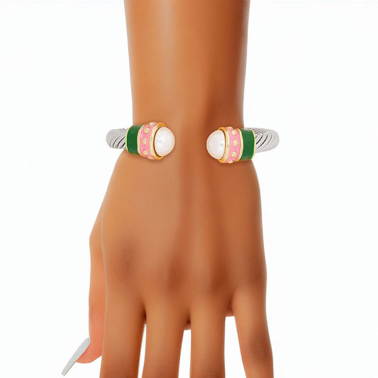 AKA Alpha Kappa Alpha Bracelet Pink Green Thick Cable Classic Silver Bangle