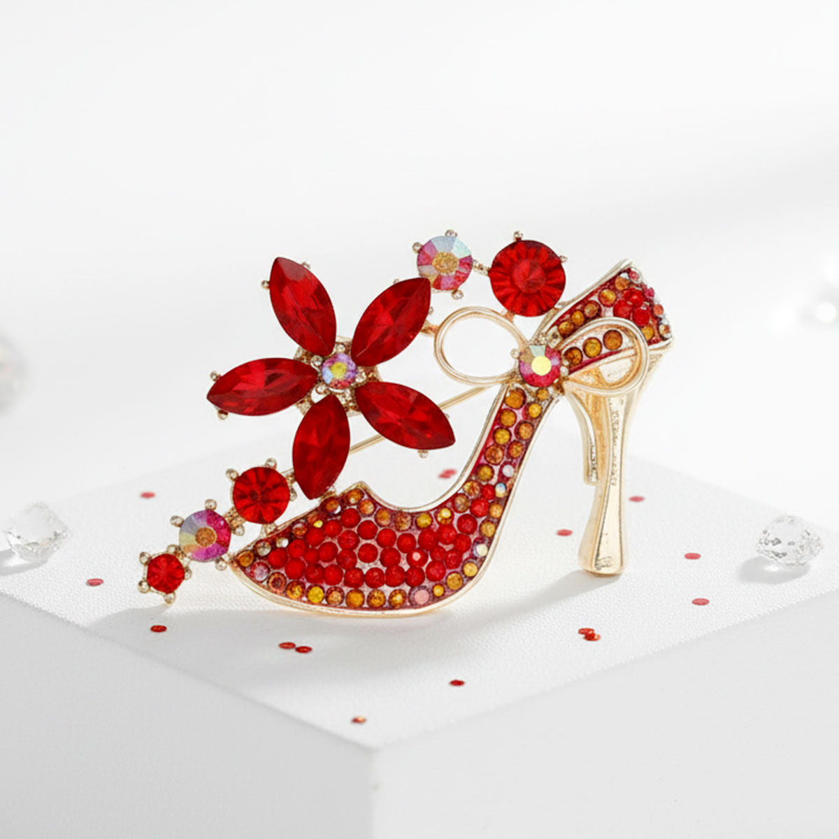 Brooch Red Crystal High Heel Flower Gold Pin