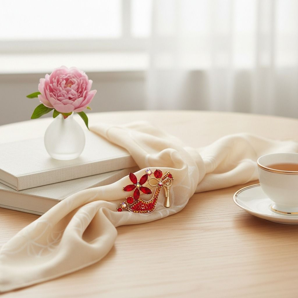 Brooch Red Crystal High Heel Flower Gold Pin