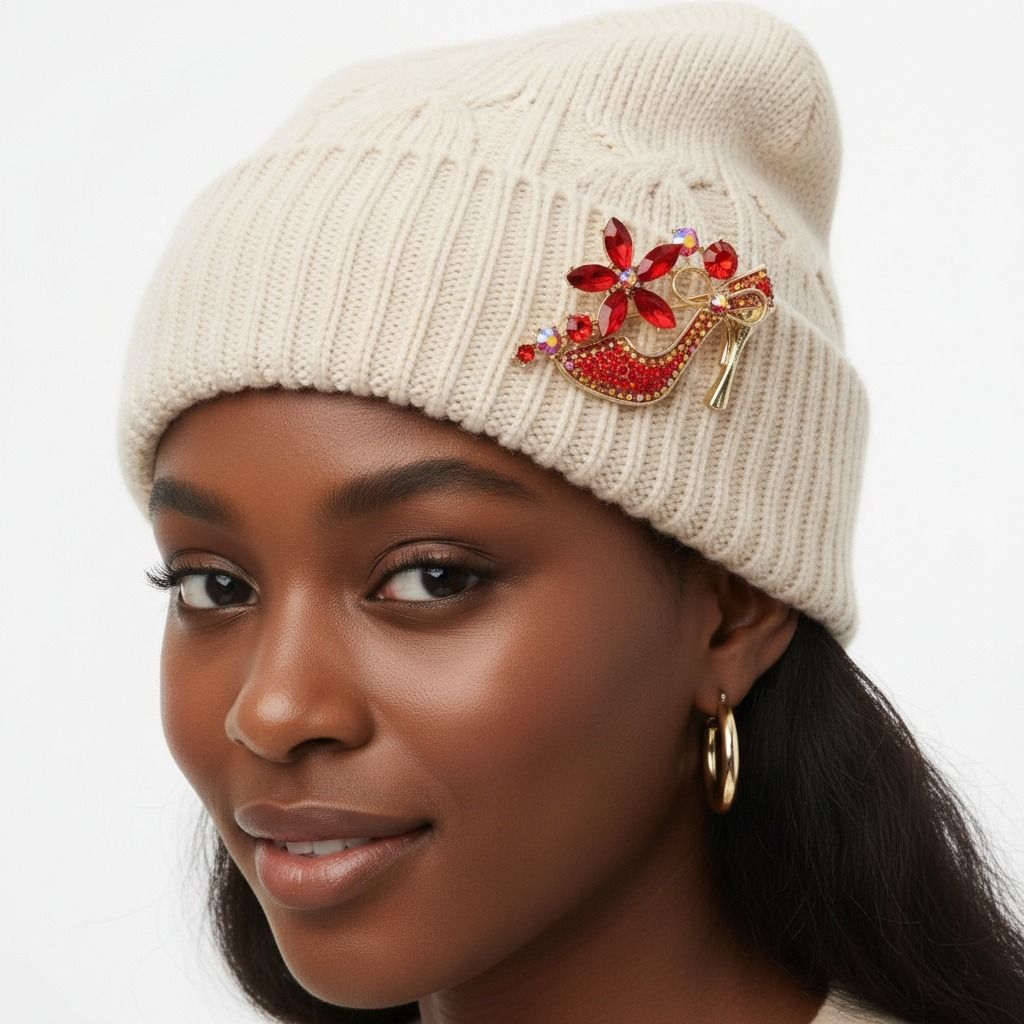 Brooch Red Crystal High Heel Flower Gold Pin