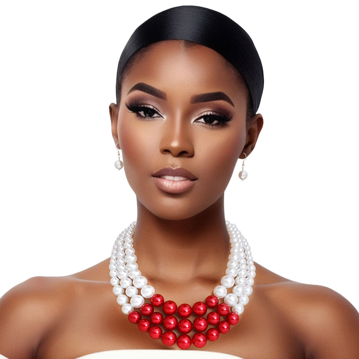 Delta Sigma Theta Inspired Pearl DST Necklace White Red 3 Layer Set