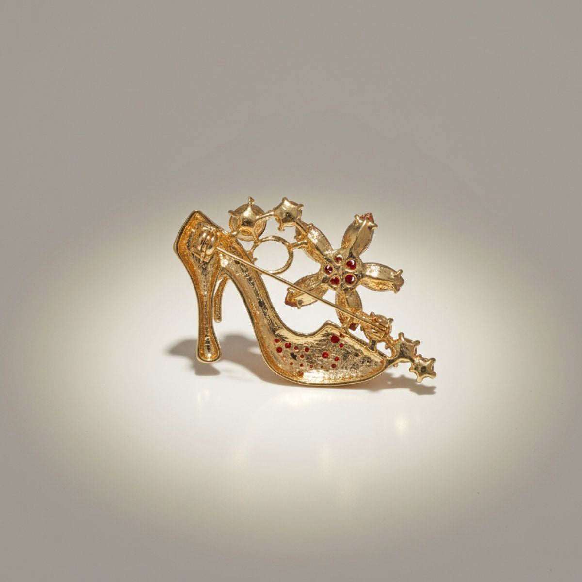 Brooch Red Crystal High Heel Flower Gold Pin