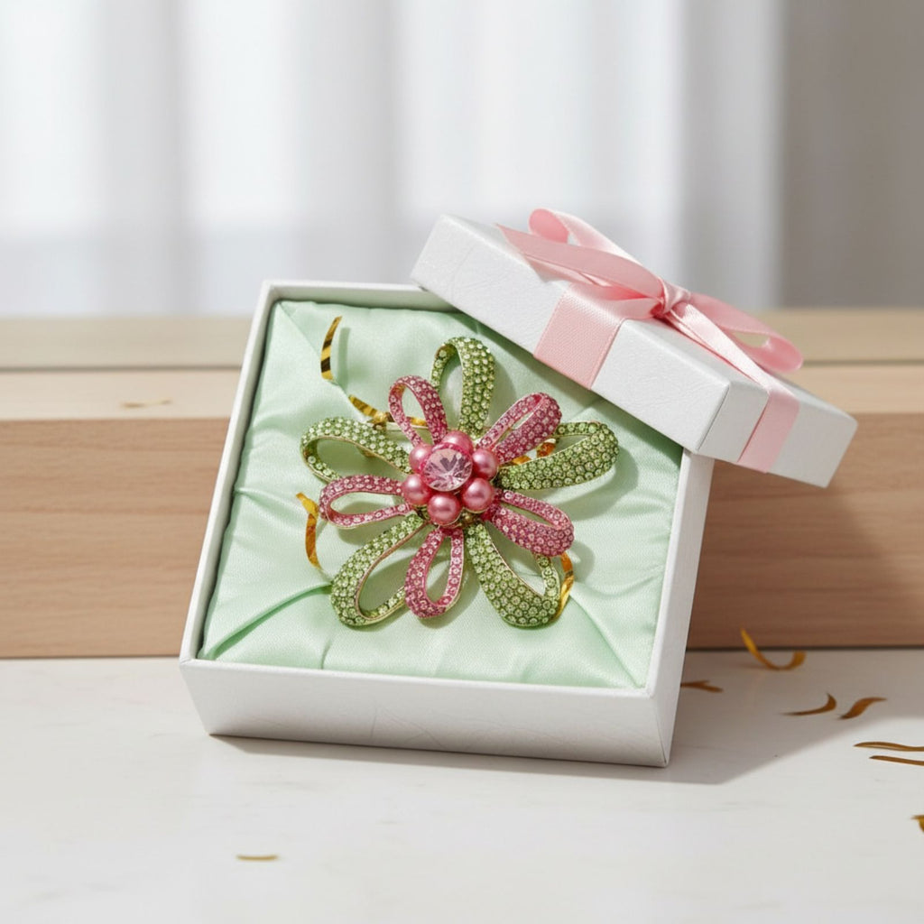 Brooch AKA Large Pink Green Stone Loop Pearl Pin