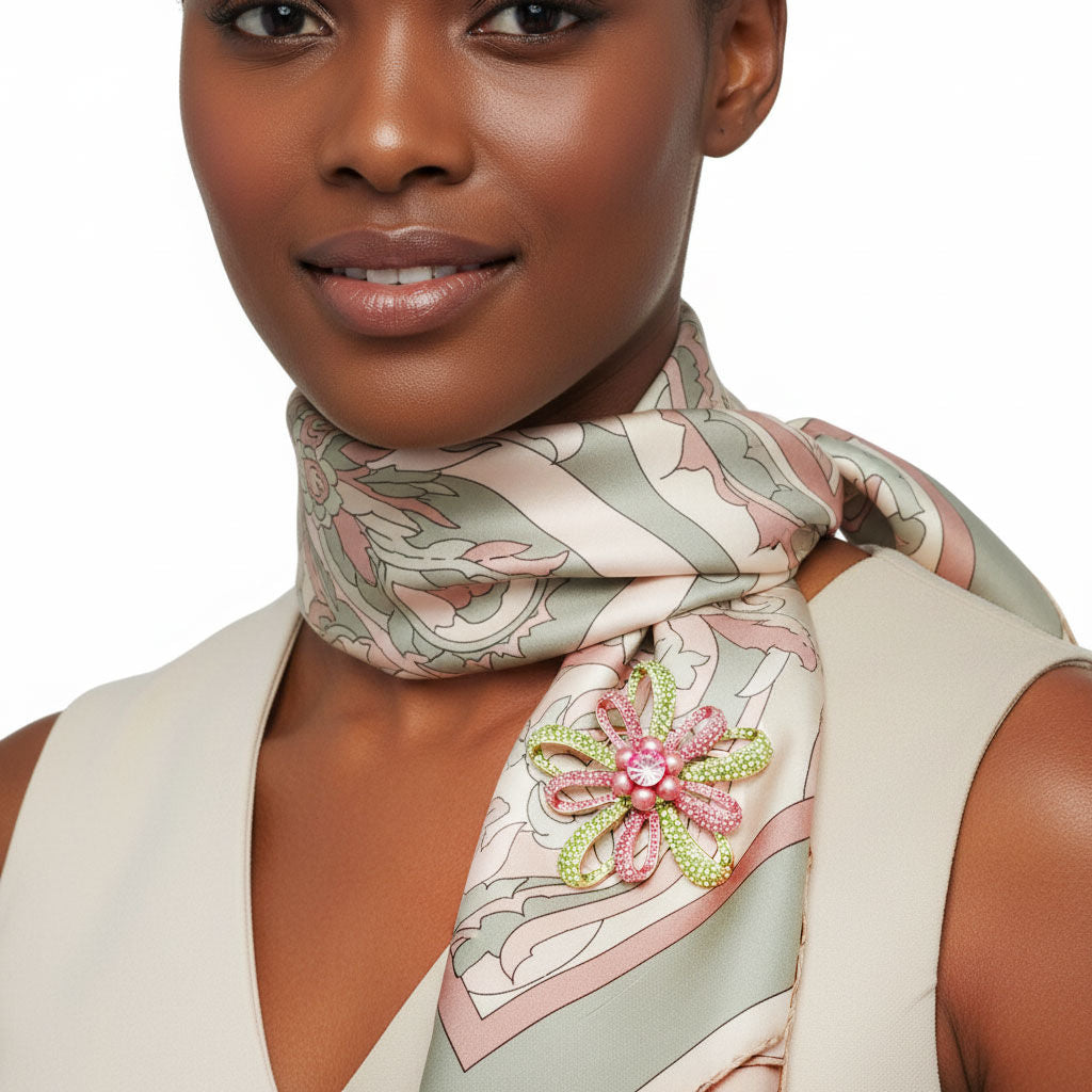 Brooch AKA Large Pink Green Stone Loop Pearl Pin