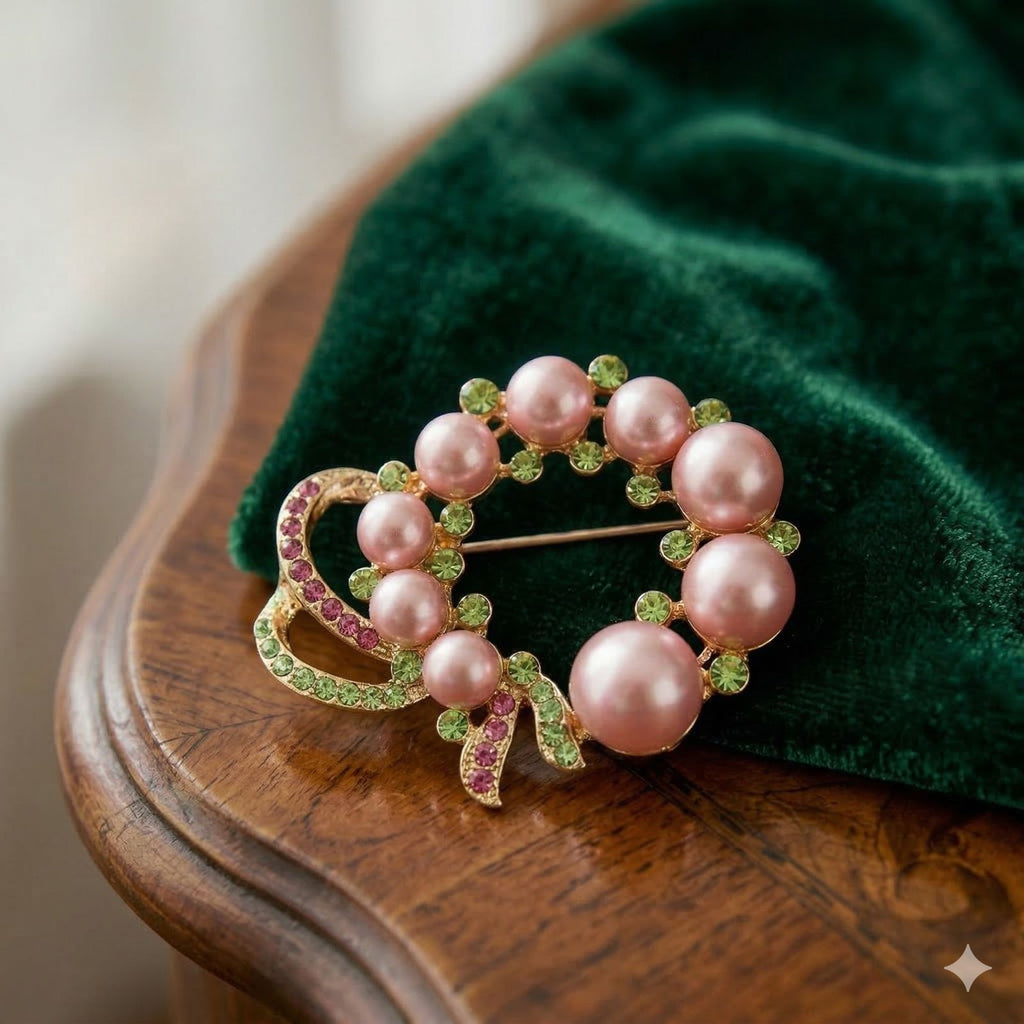 AKA Pink Pearl Wreath and Rhinestone Ribbon Brooch