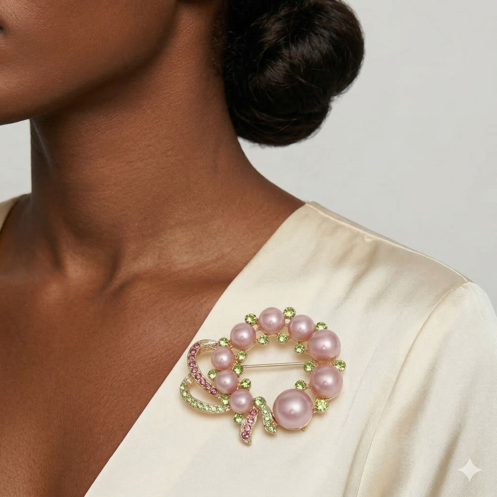 AKA Pink Pearl Wreath and Rhinestone Ribbon Brooch