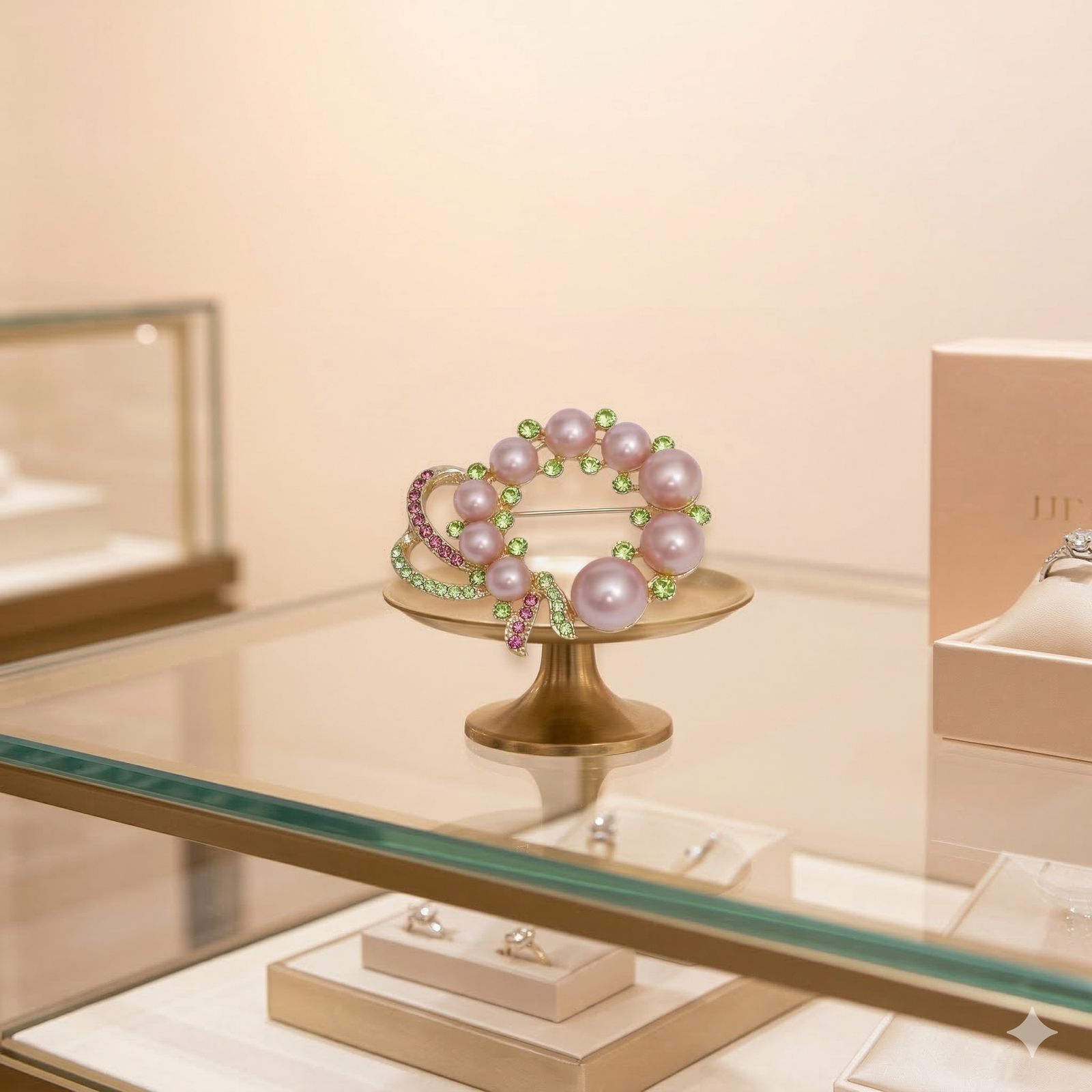 AKA Pink Pearl Wreath and Rhinestone Ribbon Brooch