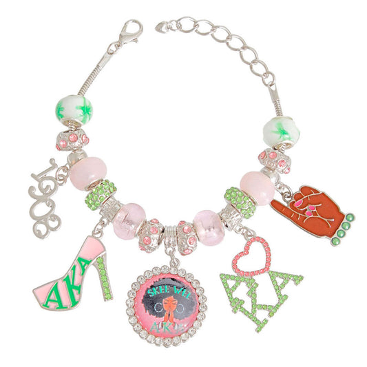 AKA Alpha Kappa Alpha Bracelet Pink Green Sorority Charm Bracelet