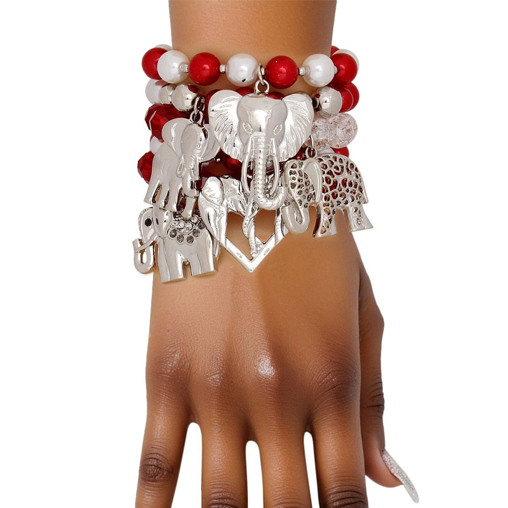 DST Delta Sigma Theta Inspired Red White Silver Elephant Charm Delta Bracelet Set