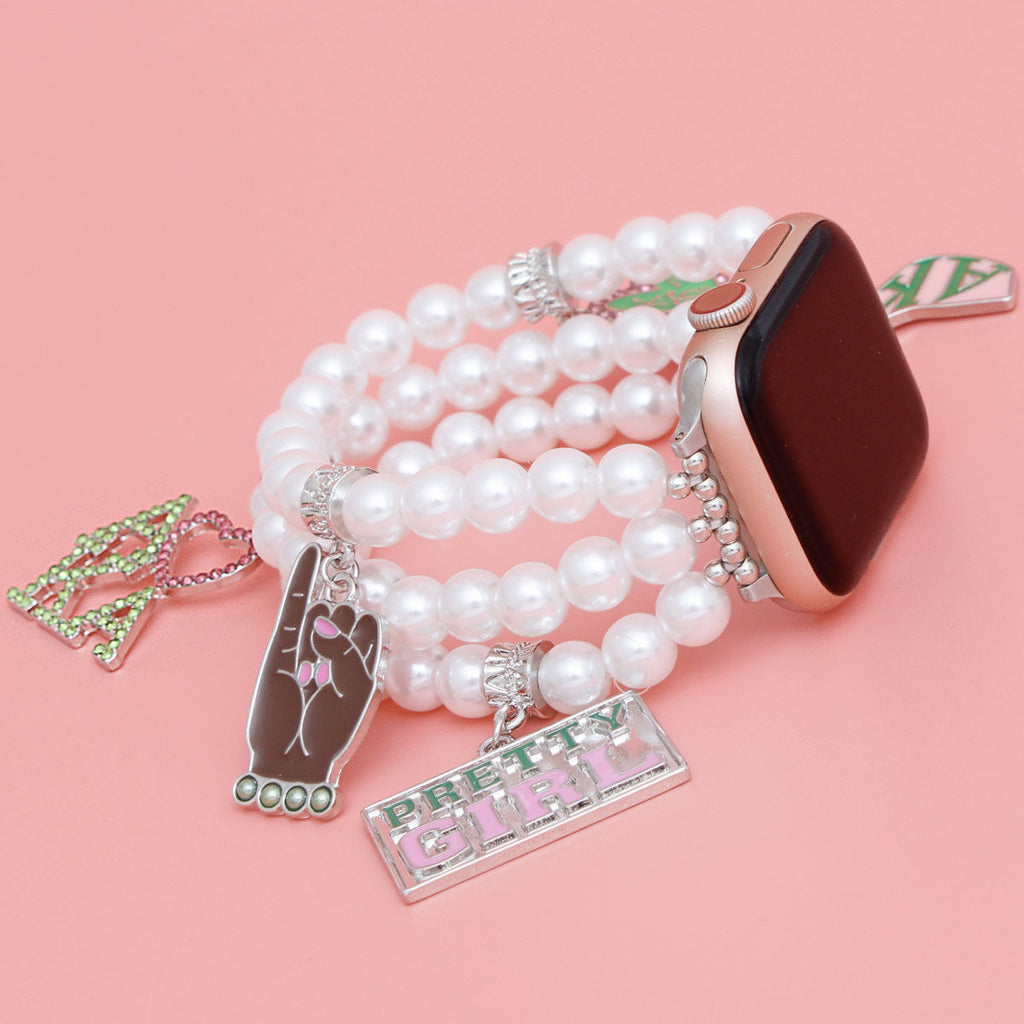 AKA Watch Band Alpha Kappa Alpha Sorority Inspired White Pearl Apple Watch Band for Women