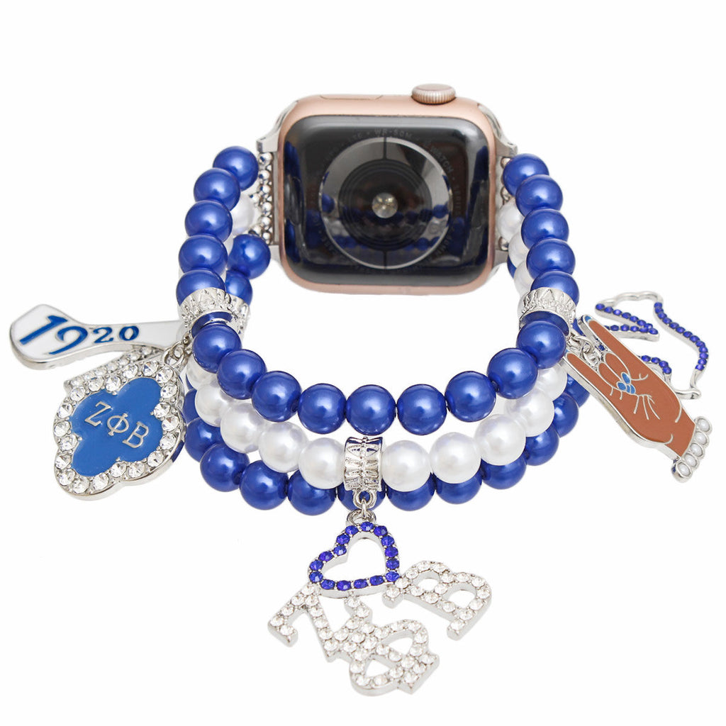 ZPB Zeta Phi Beta Sorority Blue White Pearl Apple Watch Band for Women
