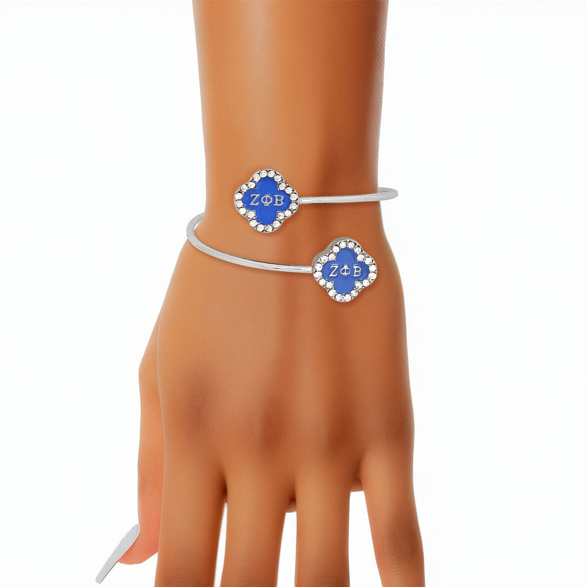 Zeta Phi Beta Bracelet ZPB Sorority Rhinestone Blue Clover Open Bangle