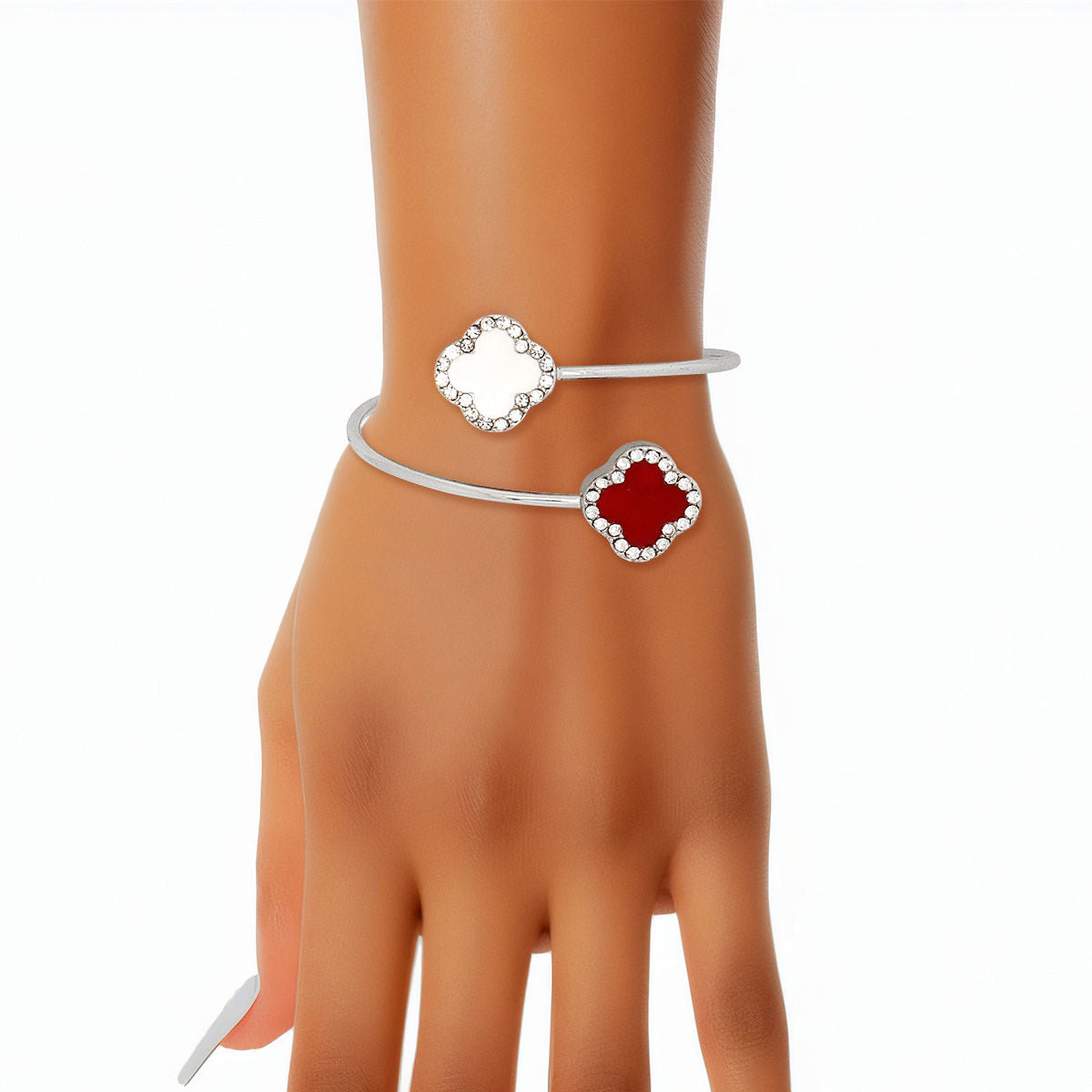 DST Delta Sigma Theta Sorority Inspired Red White Stone Clover Open Bangle Bracelet