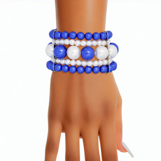 Zeta Phi Beta Inspired Bracelet Blue White Stacked Pearls for Women