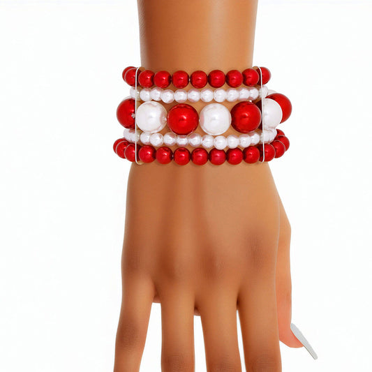 DST Delta Sigma Theta  Inspired Bracelet Red White Stacked Pearls for Women